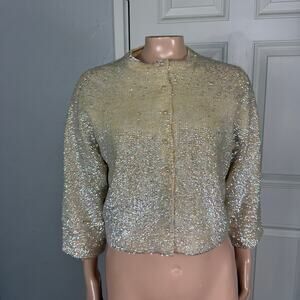 Vintage Doreen Loh Women's sweater 40Cashmere Silk Sequin Cardigan Hilton N4